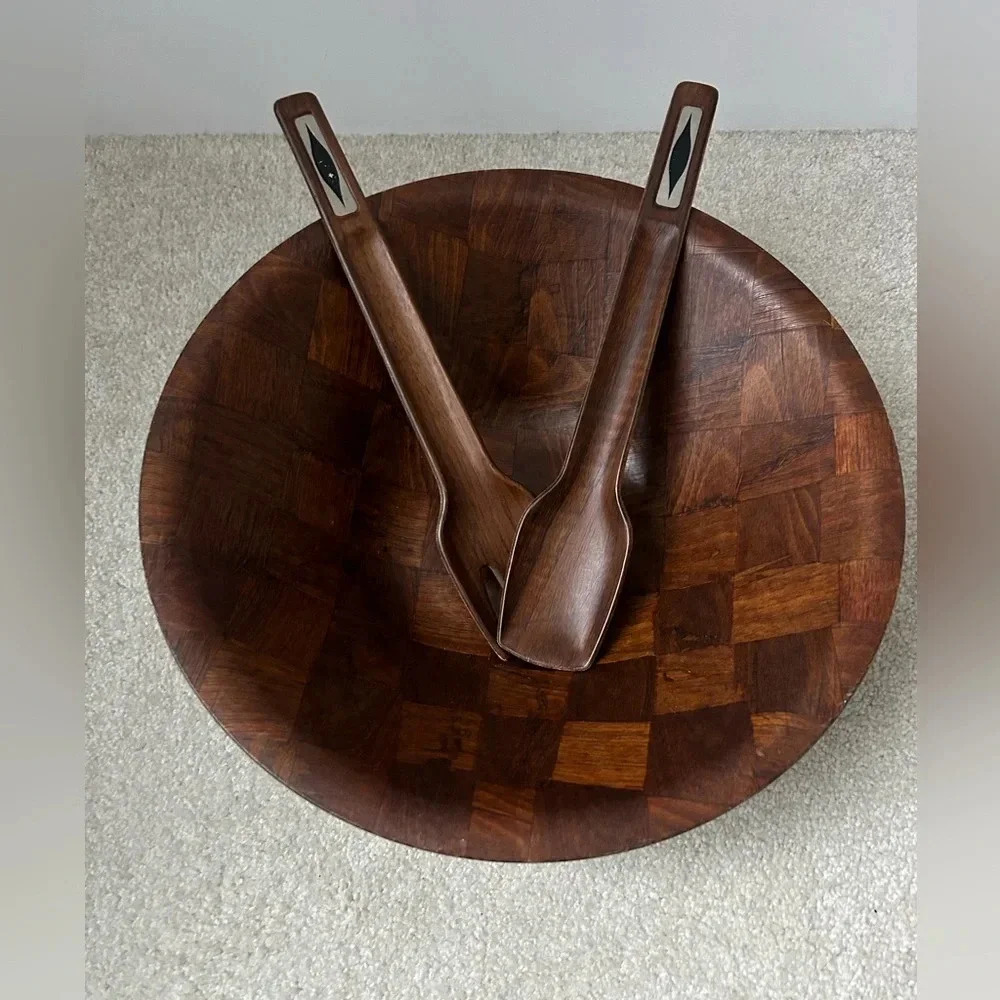 Vintage MCM Weavewood Salad Set | Mid Century Wooden Bowl & Servers | Retro